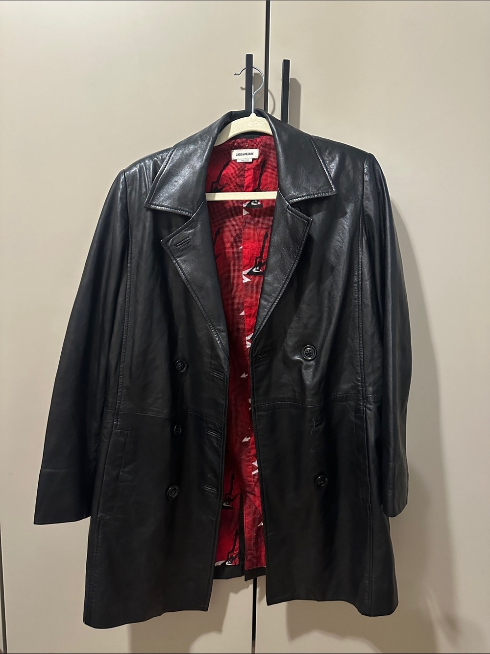 Zadig & Voltaire Black Lamb Leather Double-Breasted Coat w Red Lining Size Large